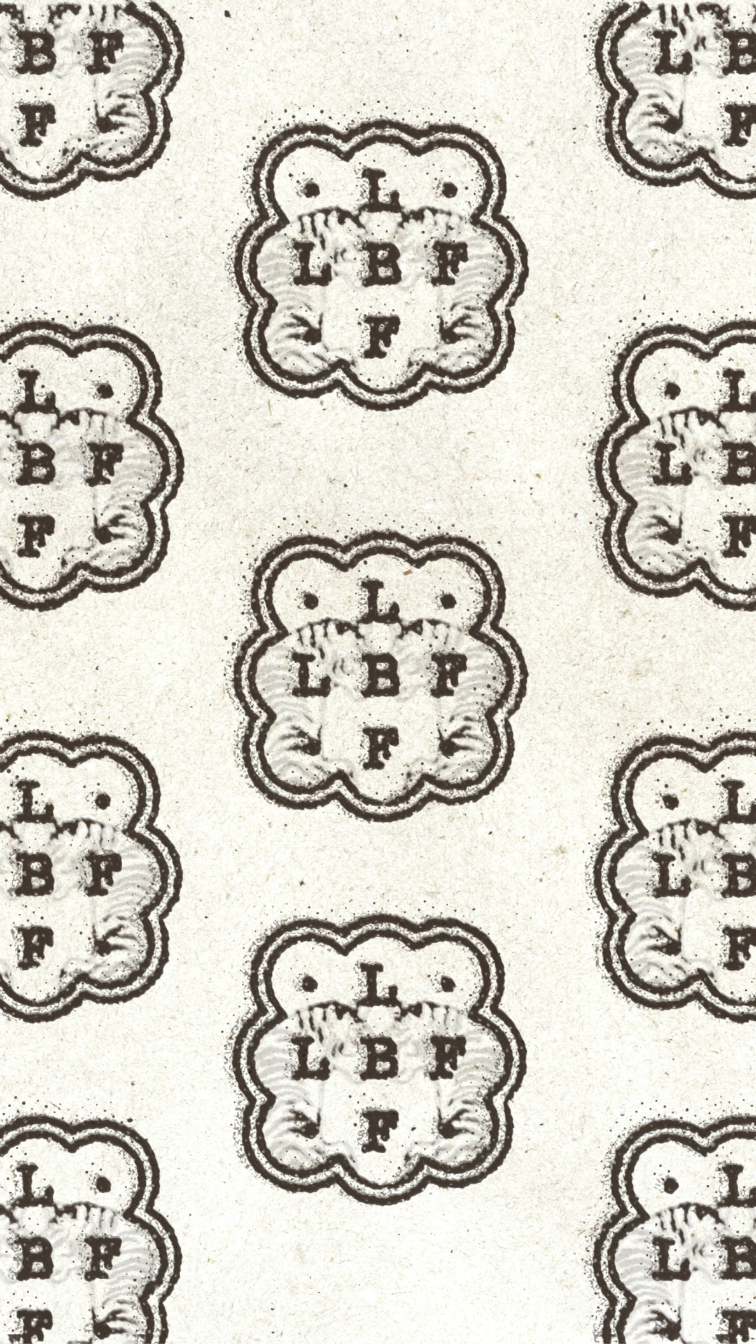 Pattern of embossed seals with the letters LBF in a circular design on textured paper.