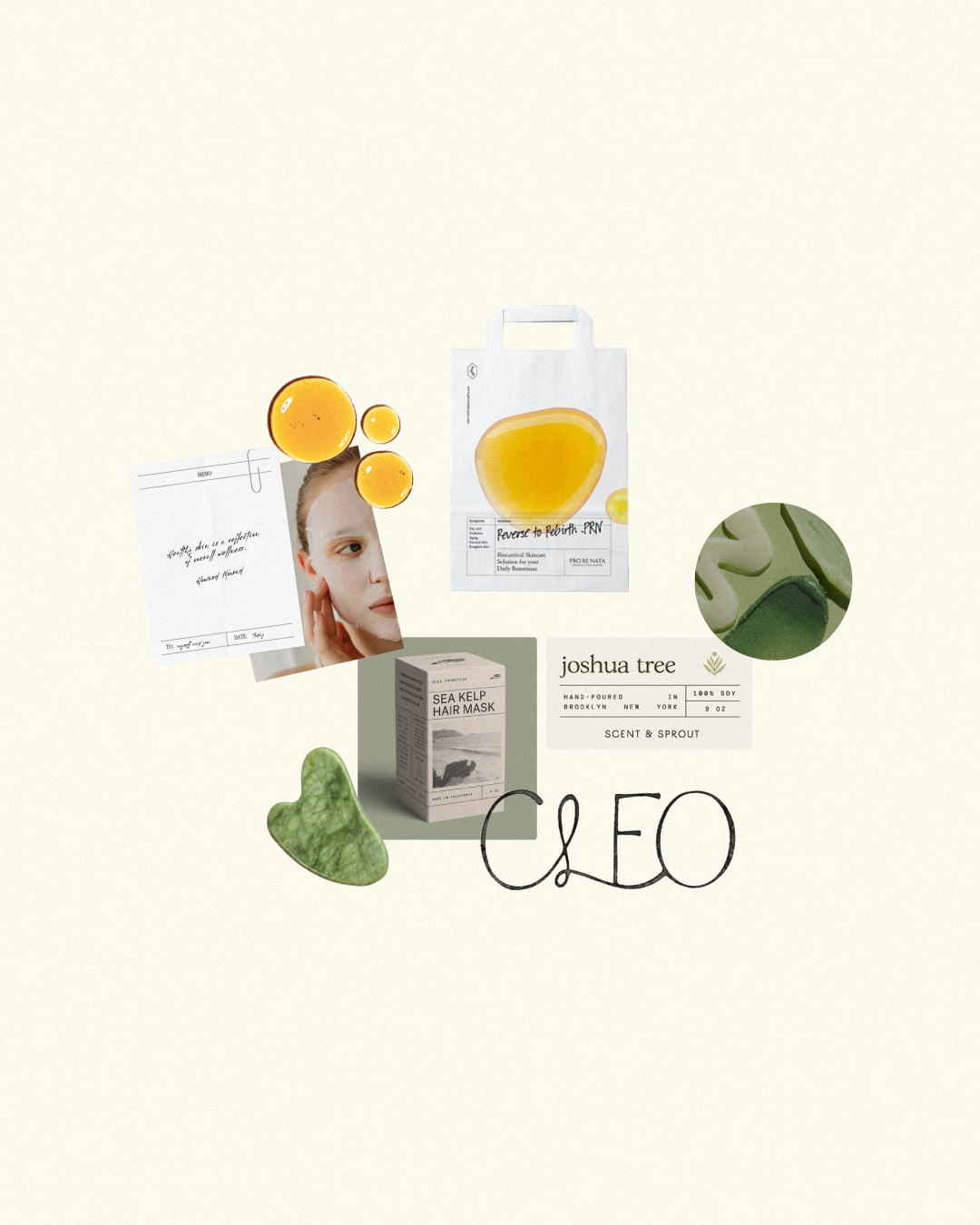 Collage of skincare and wellness products including shampoo, hair mask, essential oils, a gua sha tool, and self-care imagery.