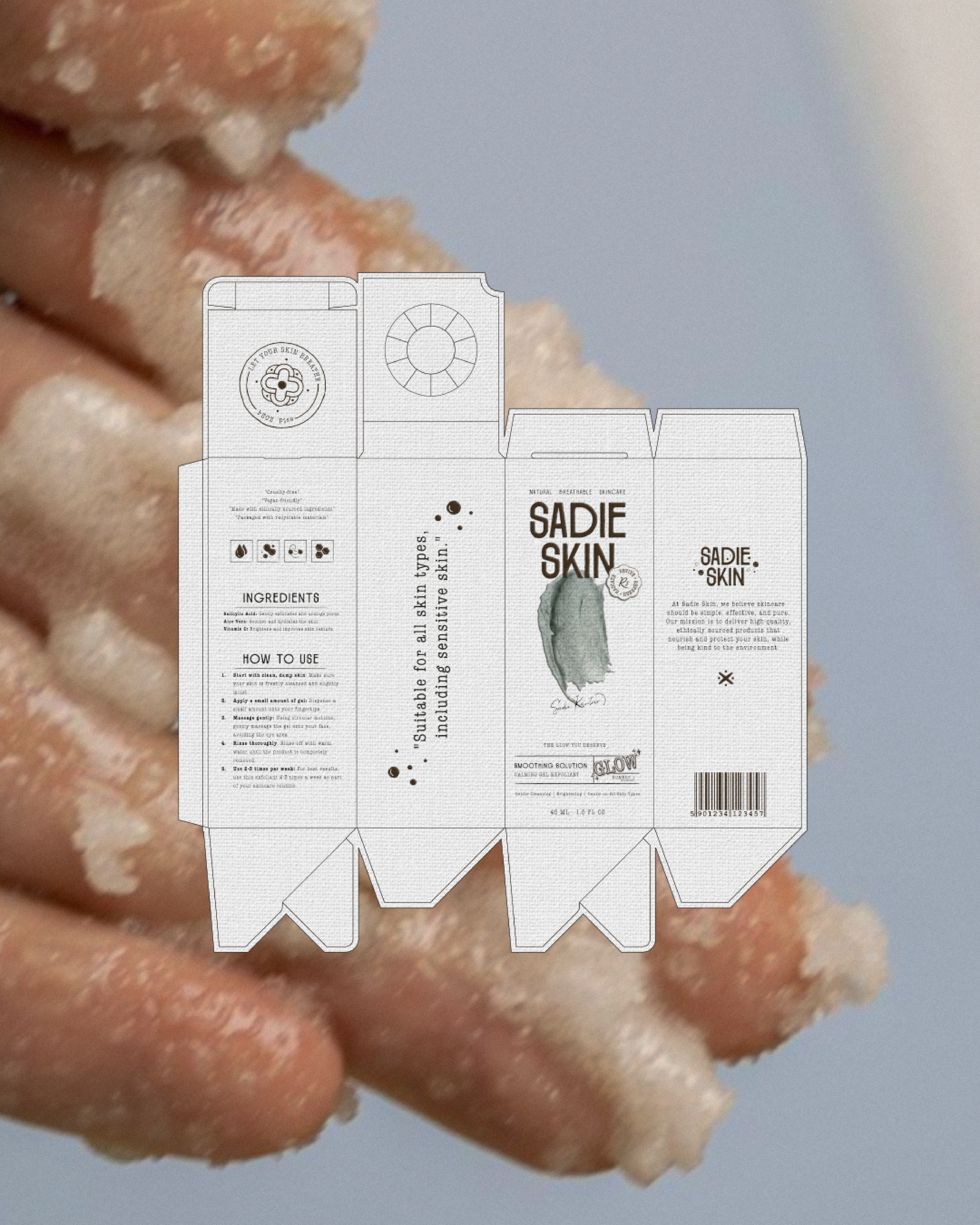 Close-up of hands with exfoliating scrub and a Sadie Skin product box template overlay.