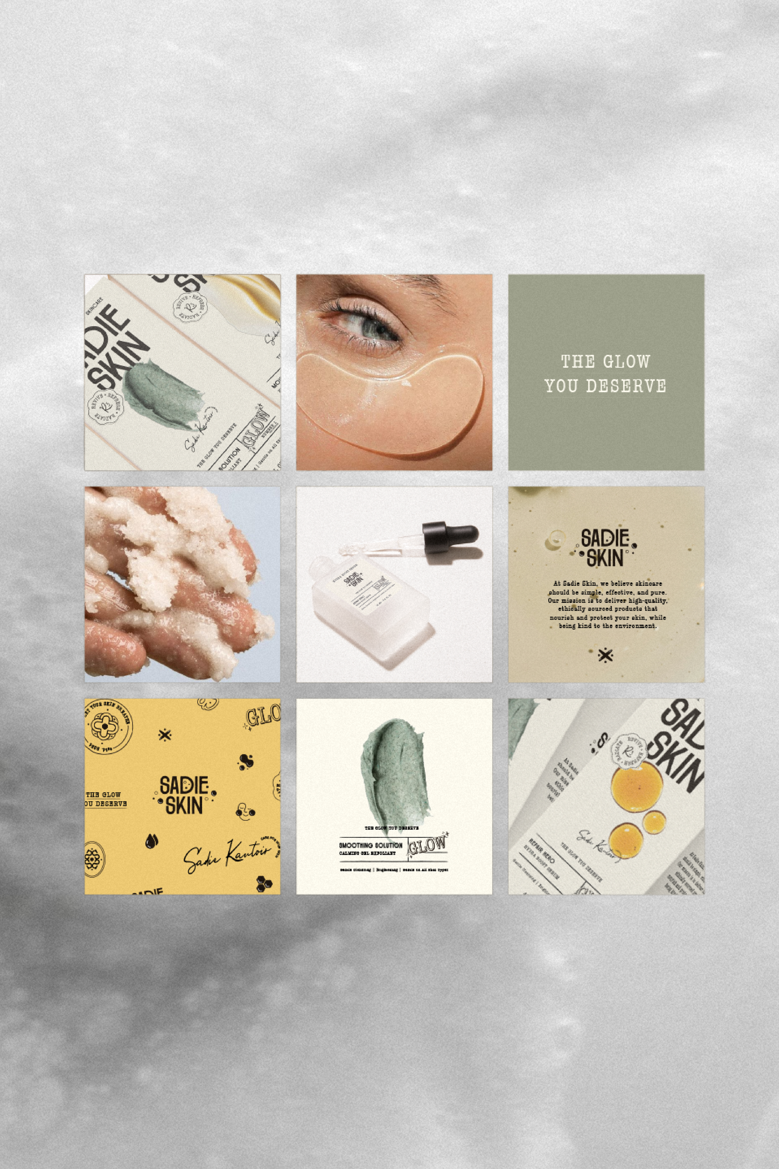 Collage of skincare promotional images and text, featuring Sadie Skin products, textures, and motivational skincare quotes.