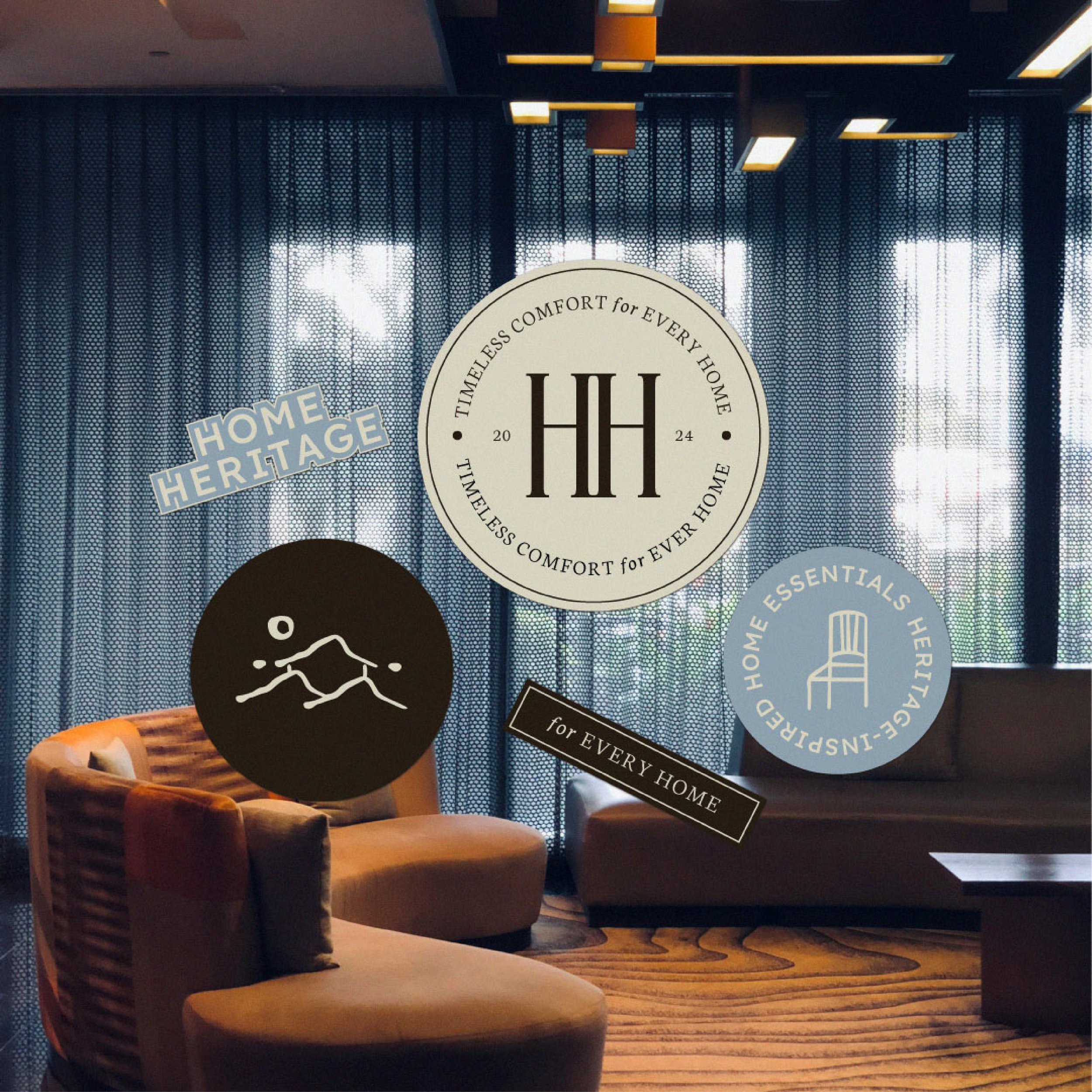 Interior room with modern seating, circular logos displaying text about home essentials and comfort, with blue curtains and wooden ceiling.