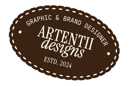 Brown oval logo with white text saying 'Graphic & Brand Designer ARTENTII designs ESTD. 2024' with a stitched border.