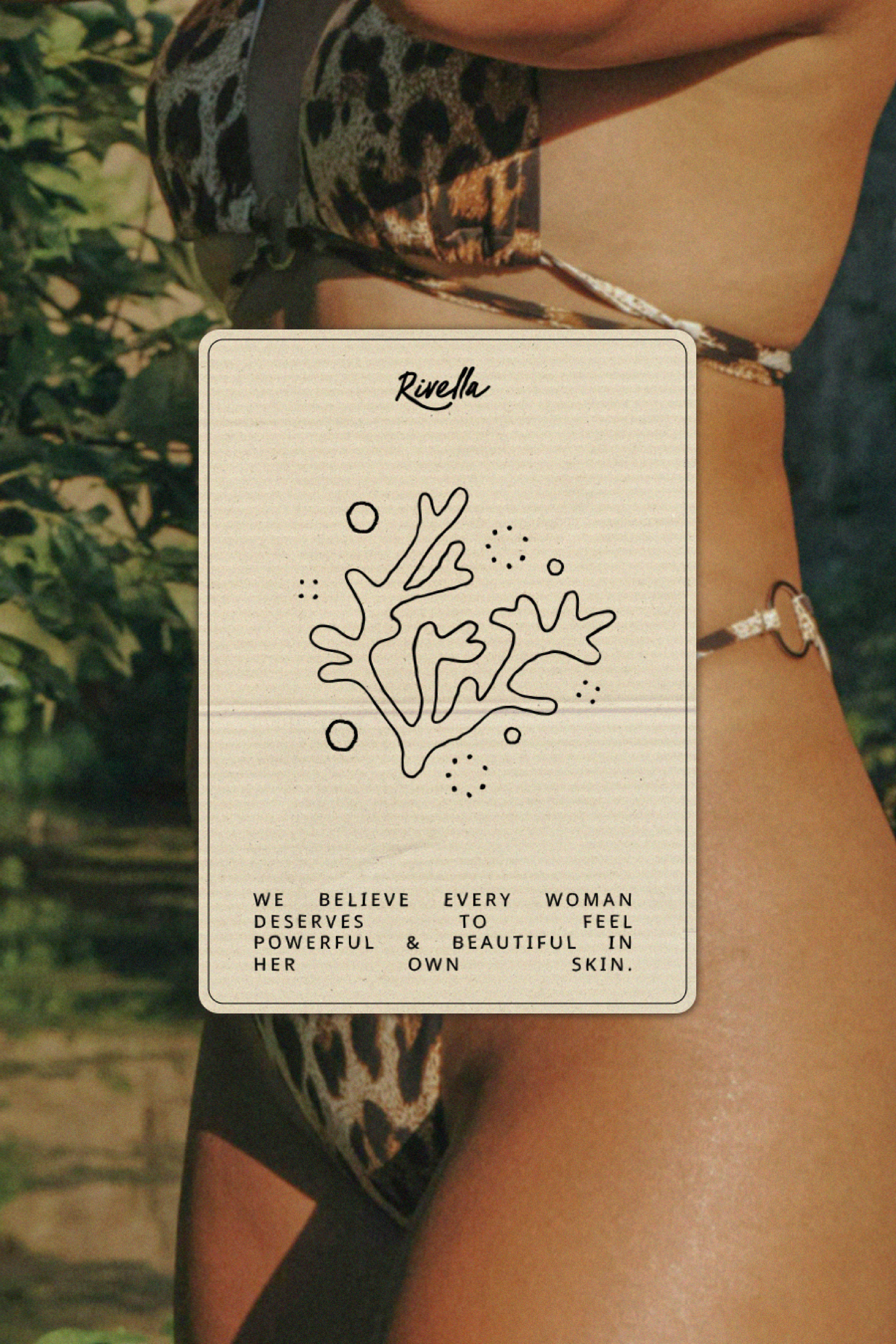 Woman wearing leopard print bikini with greenery background, and a Rivella slogan card overlay.
