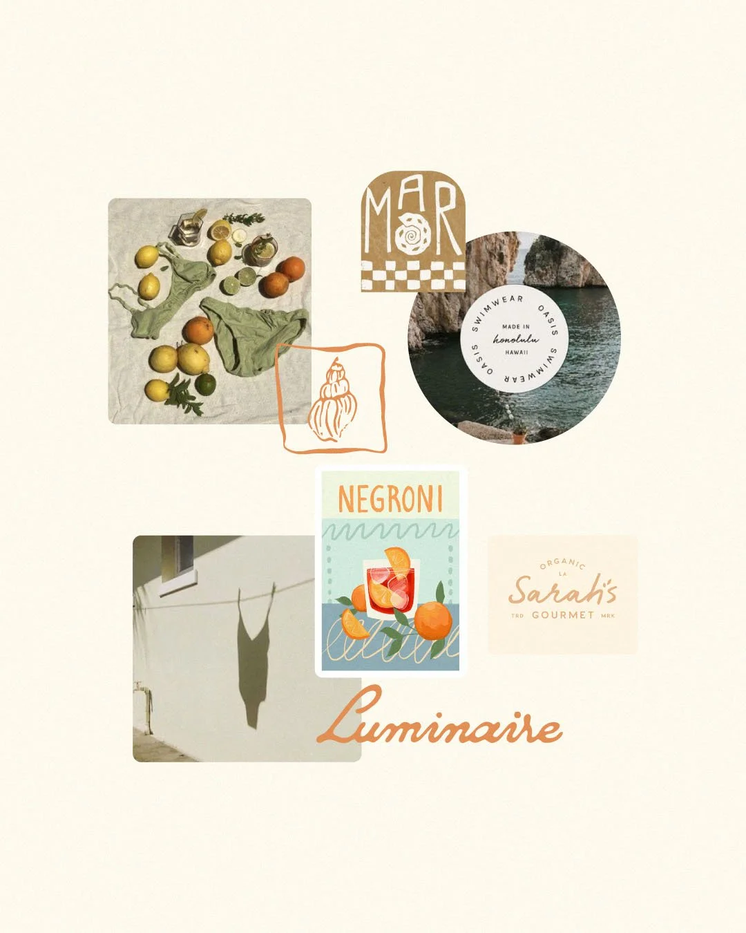 Collage featuring fruits, a drink labeled Negroni, a shadow of a dress on a wall, a seaside photo, text saying 'MAR' and 'Luminaire', and labels 'Sarah's Gourmet' and 'Swimwear Oasis'.