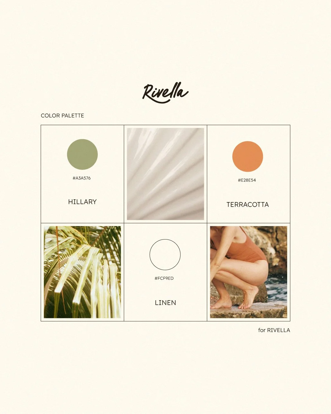 Color palette for Rivella featuring green (Hillary), orange (Terracotta), and white (Linen). Includes nature imagery and a person by a body of water.