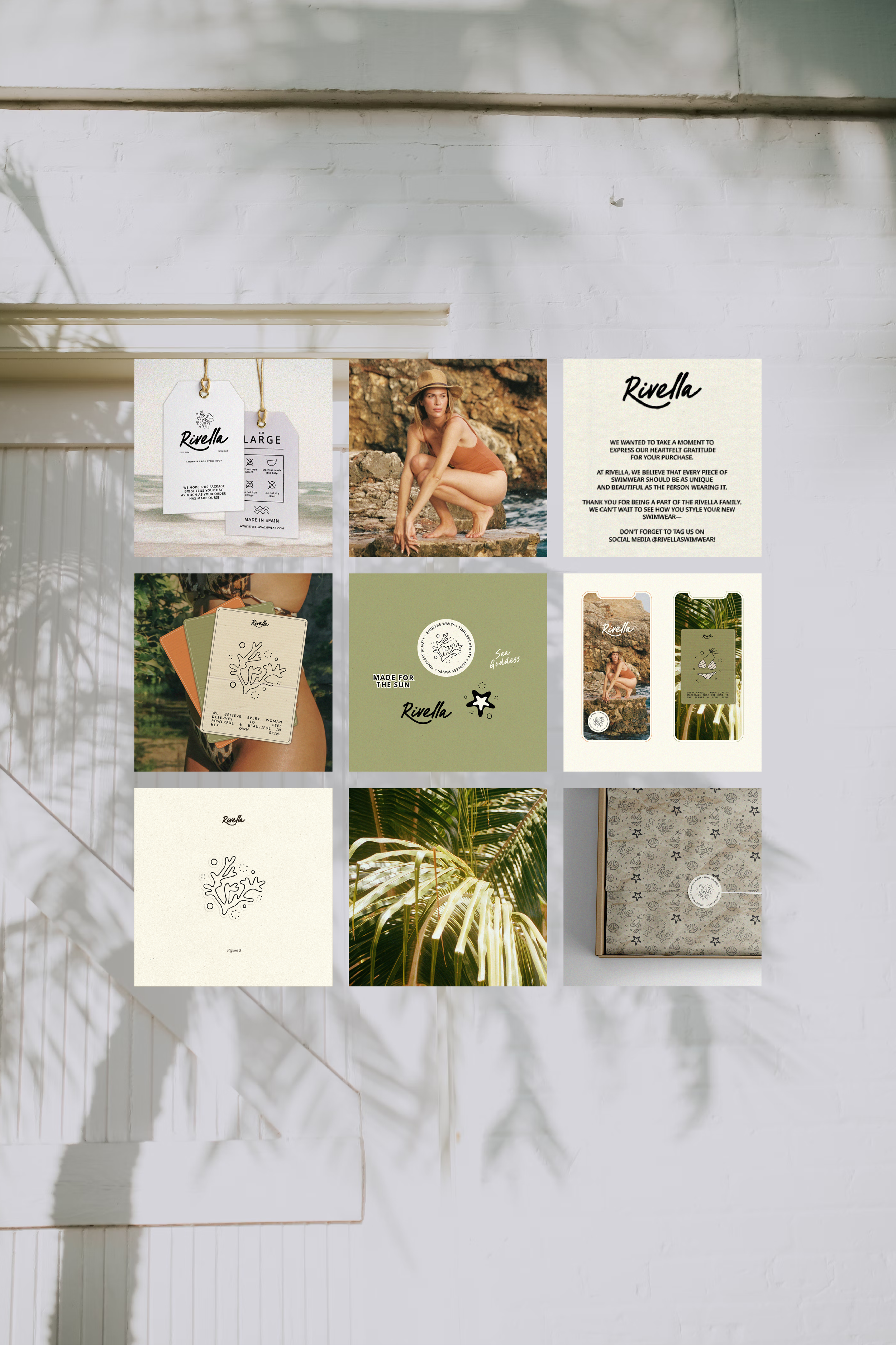 Collage of branding elements for a lifestyle or clothing brand including product tags, a model, tropical imagery, and packaging design.