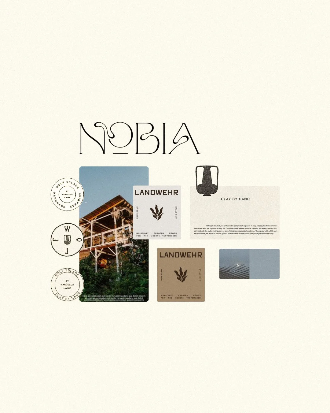 Collage of business cards, logos, and images, featuring the text 'Nobia' and 'Landwehr', with a rustic wooden building and nature elements, emphasizing handmade and clay products.