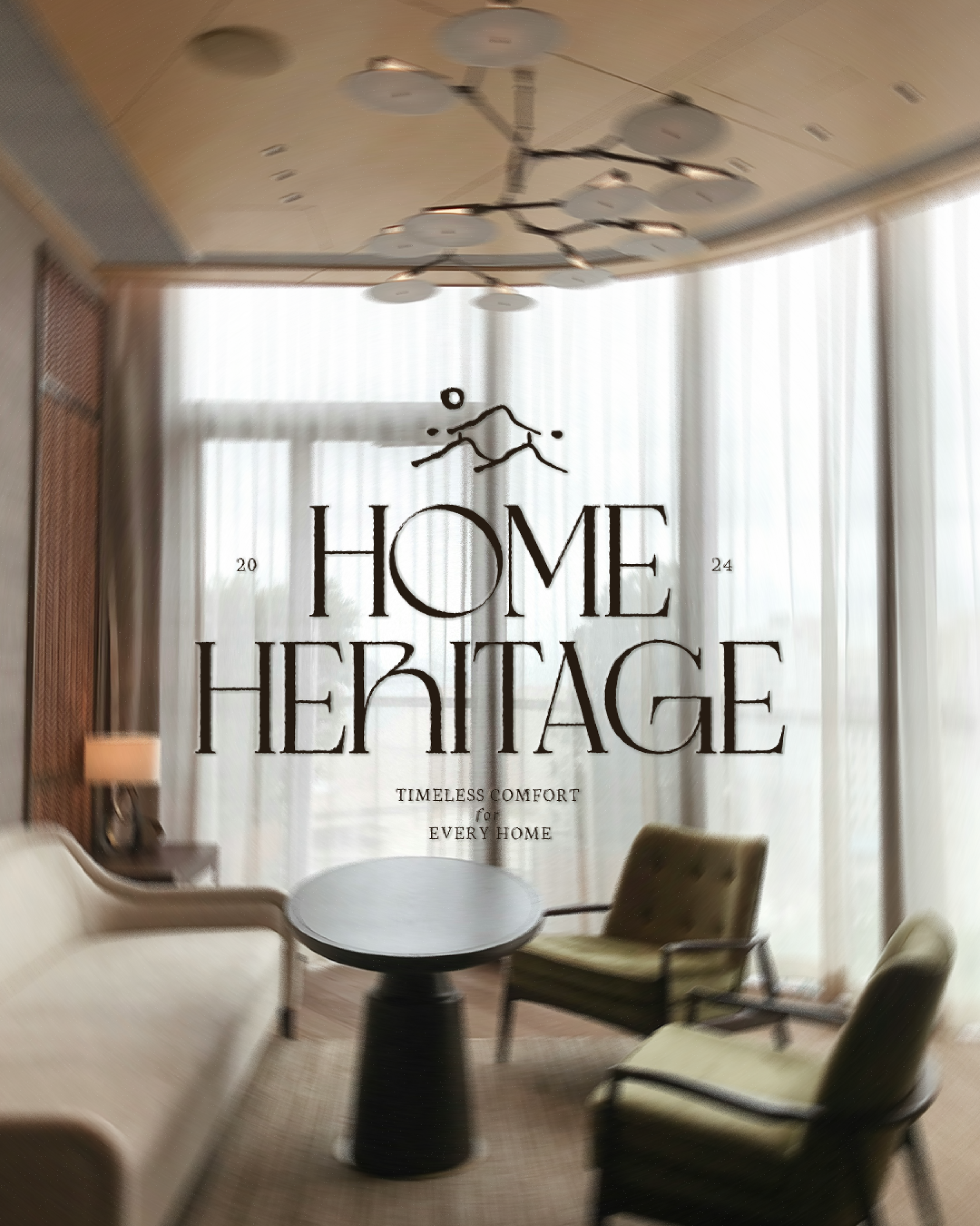 Modern living room with sofa, chairs, round table, and large windows with sheer curtains, featuring text 'Home Heritage' and 'Timeless Comfort for Every Home.'