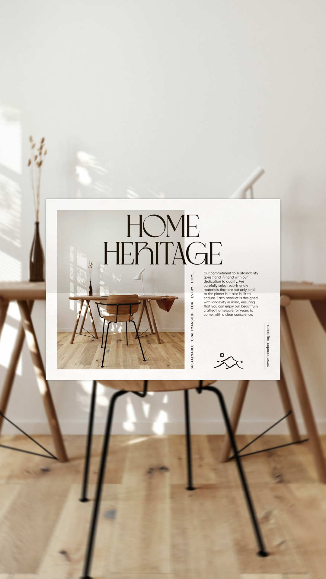 Poster for "Home Heritage" featuring a minimalist wooden desk and chair in a bright room, emphasizing sustainable craftsmanship for home furnishings.