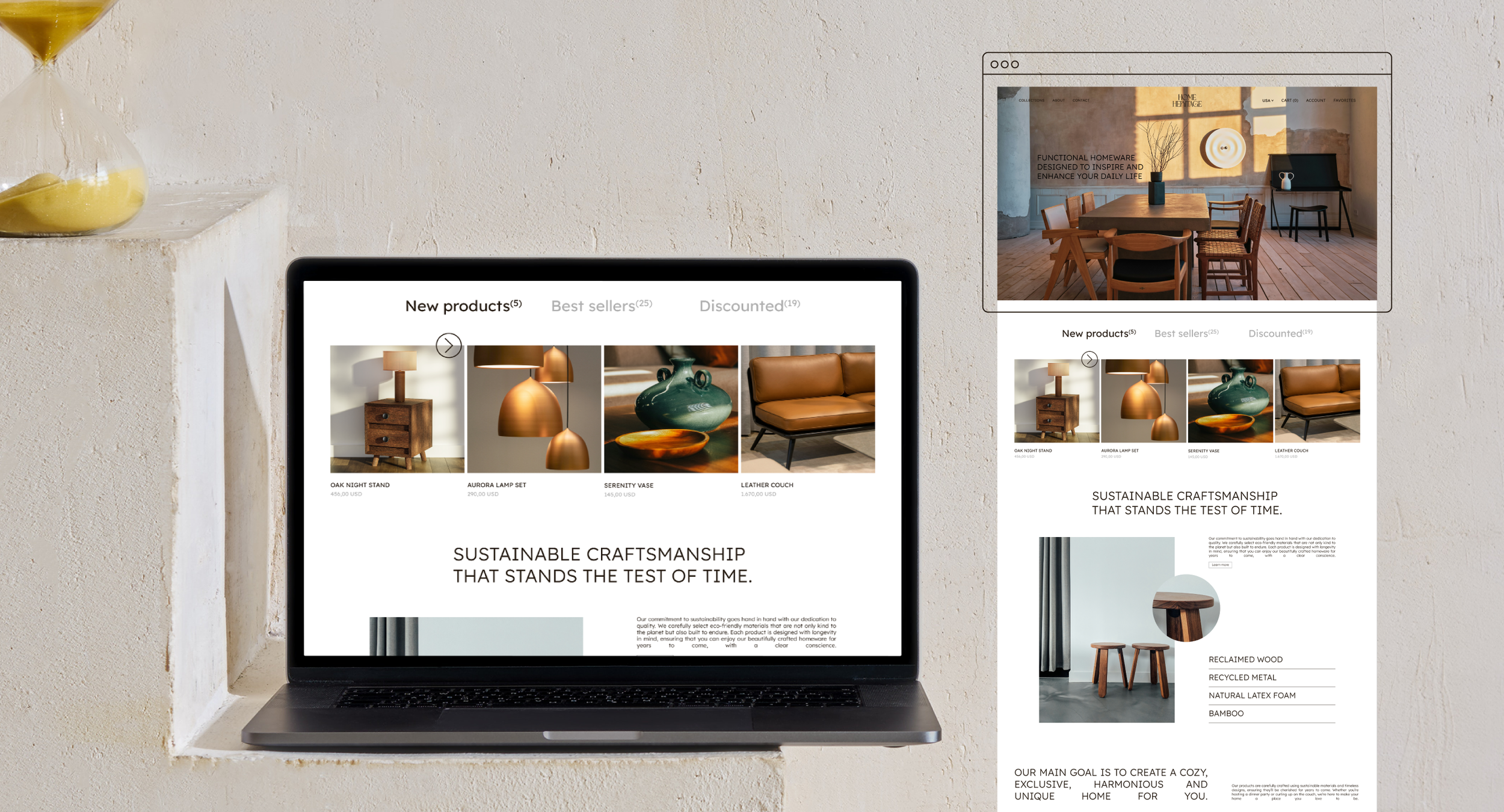Laptop displaying a homeware website with product categories and items like an oak nightstand and leather couch. Background includes an hourglass and screenshots of the website layout.