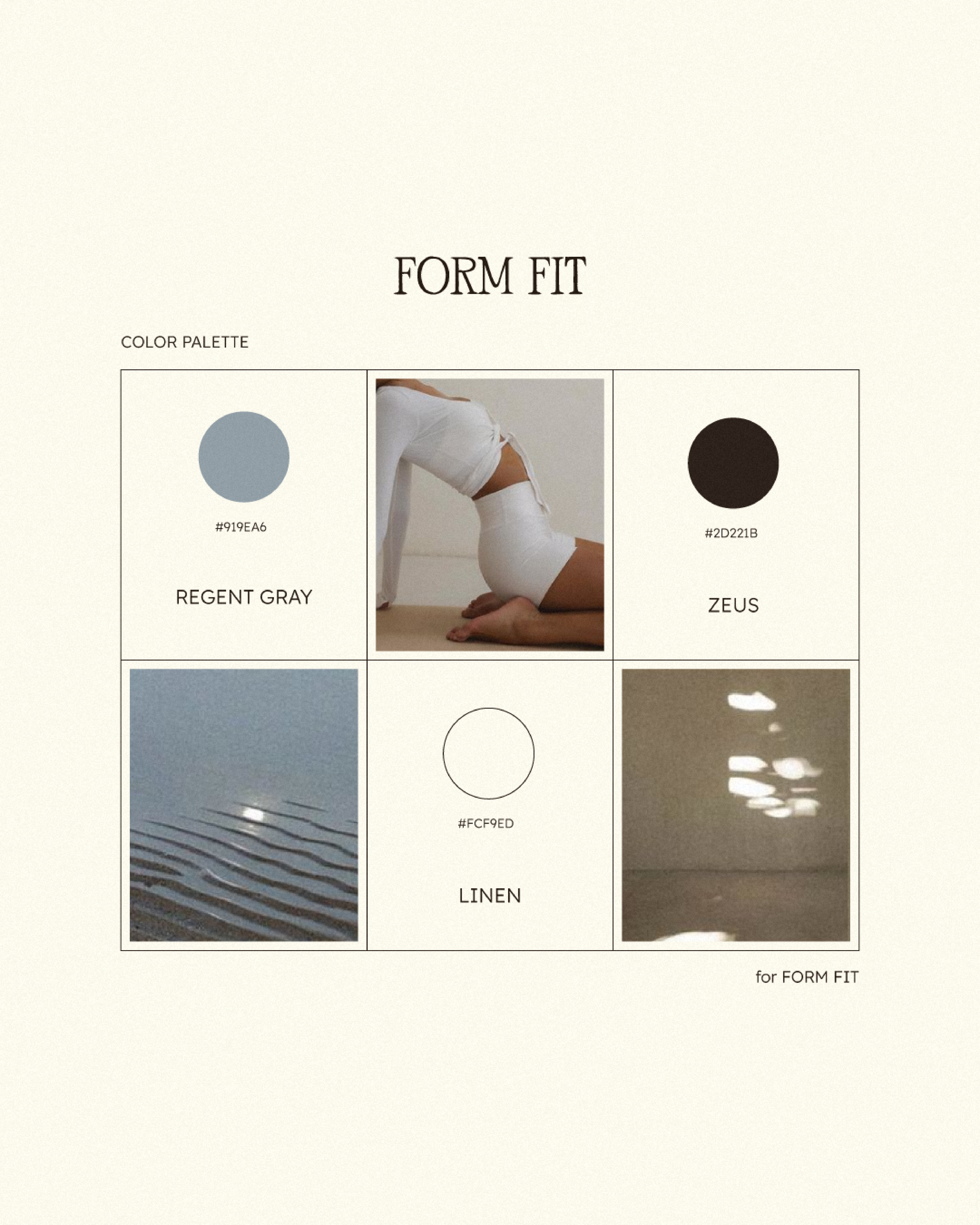 Color palette with four swatches named Regent Gray, Zeus, Linen. Central image of a person in white workout attire kneeling.