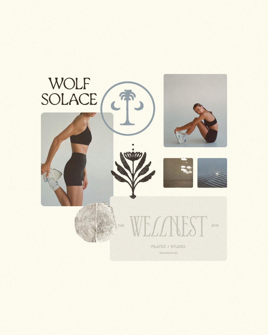 Collage featuring a person in athletic wear stretching, botanical and fingerprint graphics, and text reading 'Wolf Solace' and 'The Wellnest, Pilates Studio, Vancouver BC'. Included are minimalist design elements.