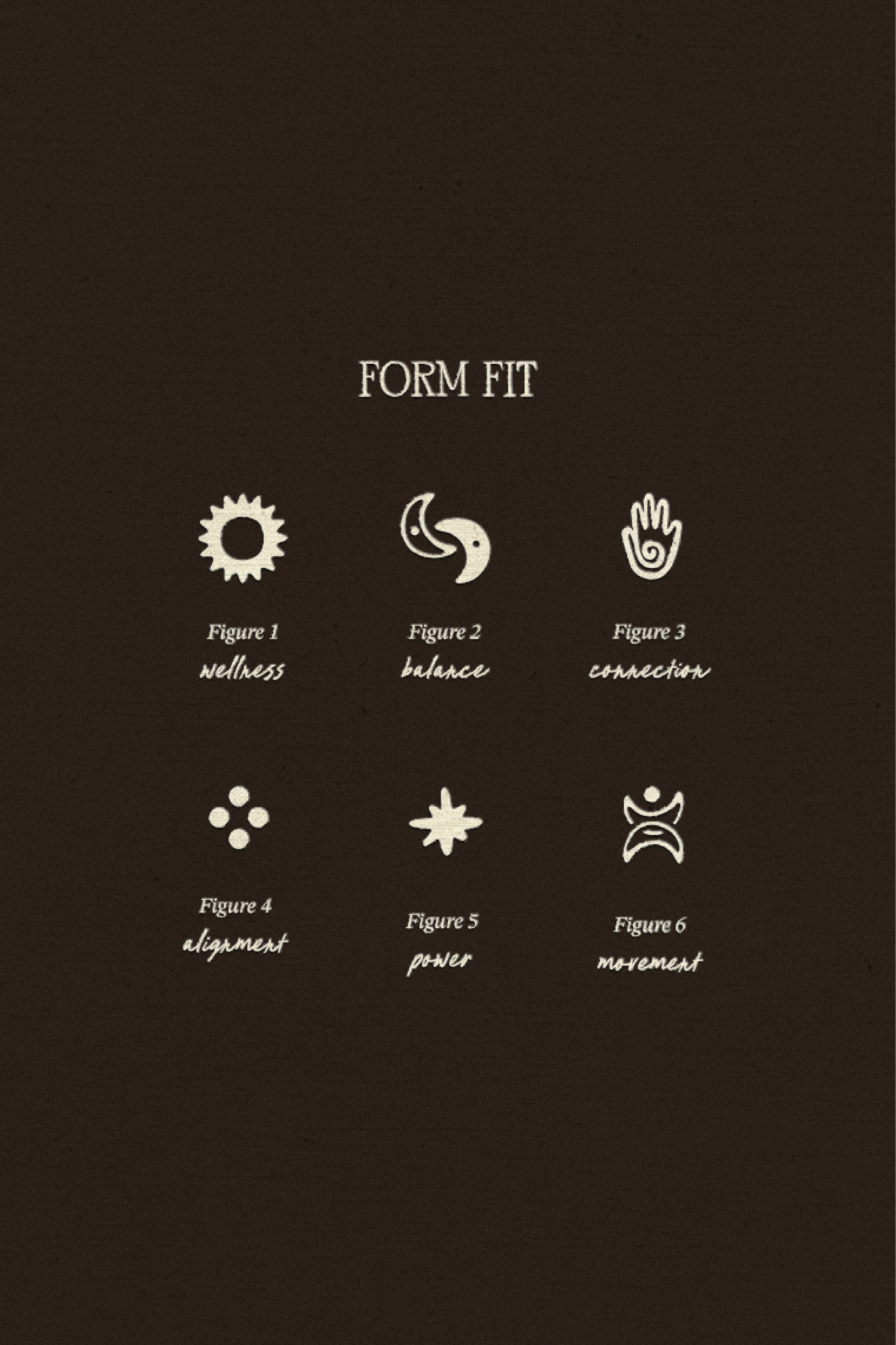 "Form Fit" title with six symbols labeled wellness, balance, connection, alignment, power, movement.