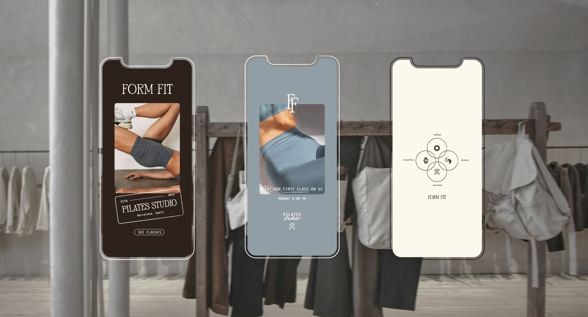 Three smartphone screens displaying Pilates studio promotions and images of people in activewear, set against a background of hanging clothing racks in a store or studio environment.