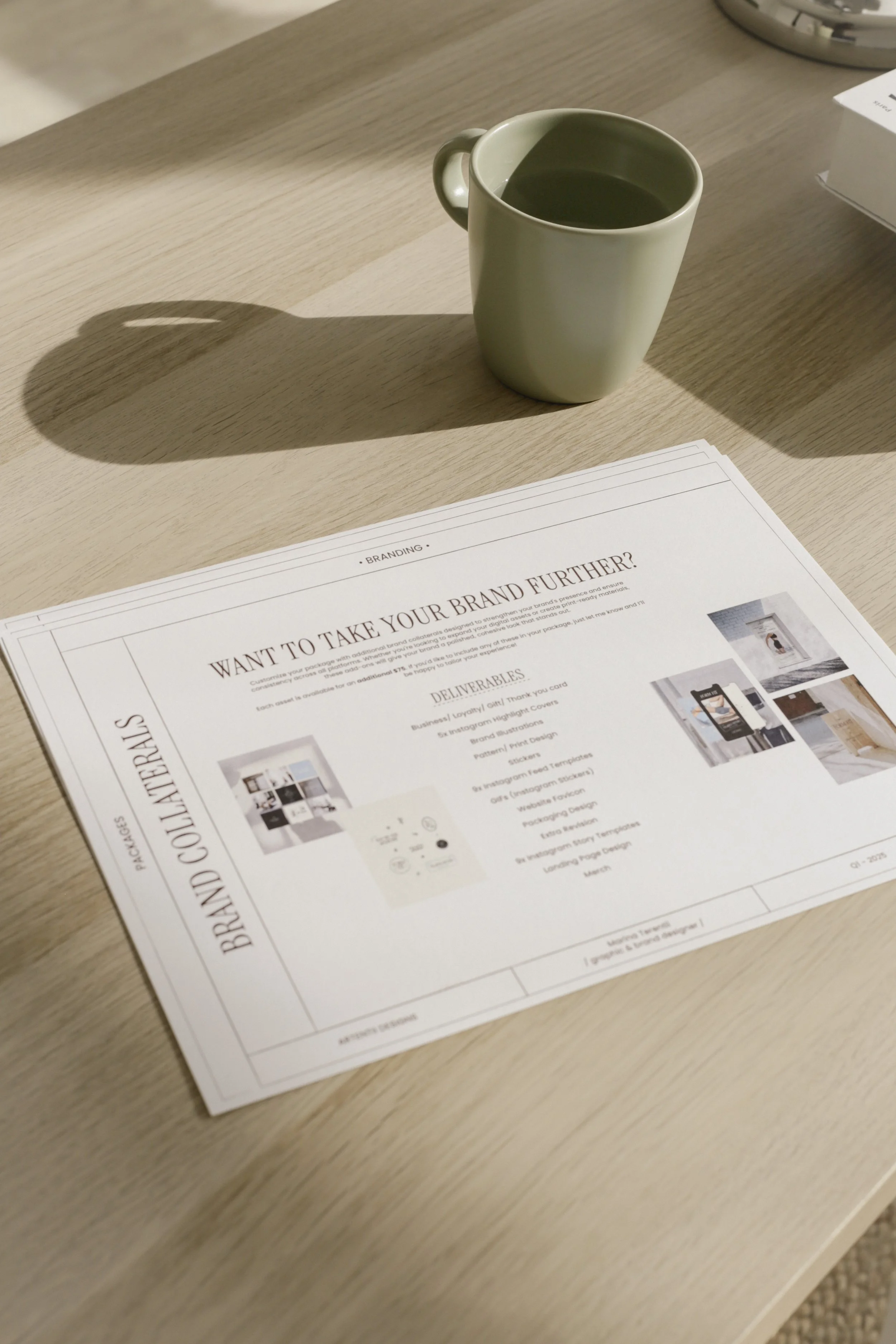 A promotional brand collateral document on a wooden table with a green mug.