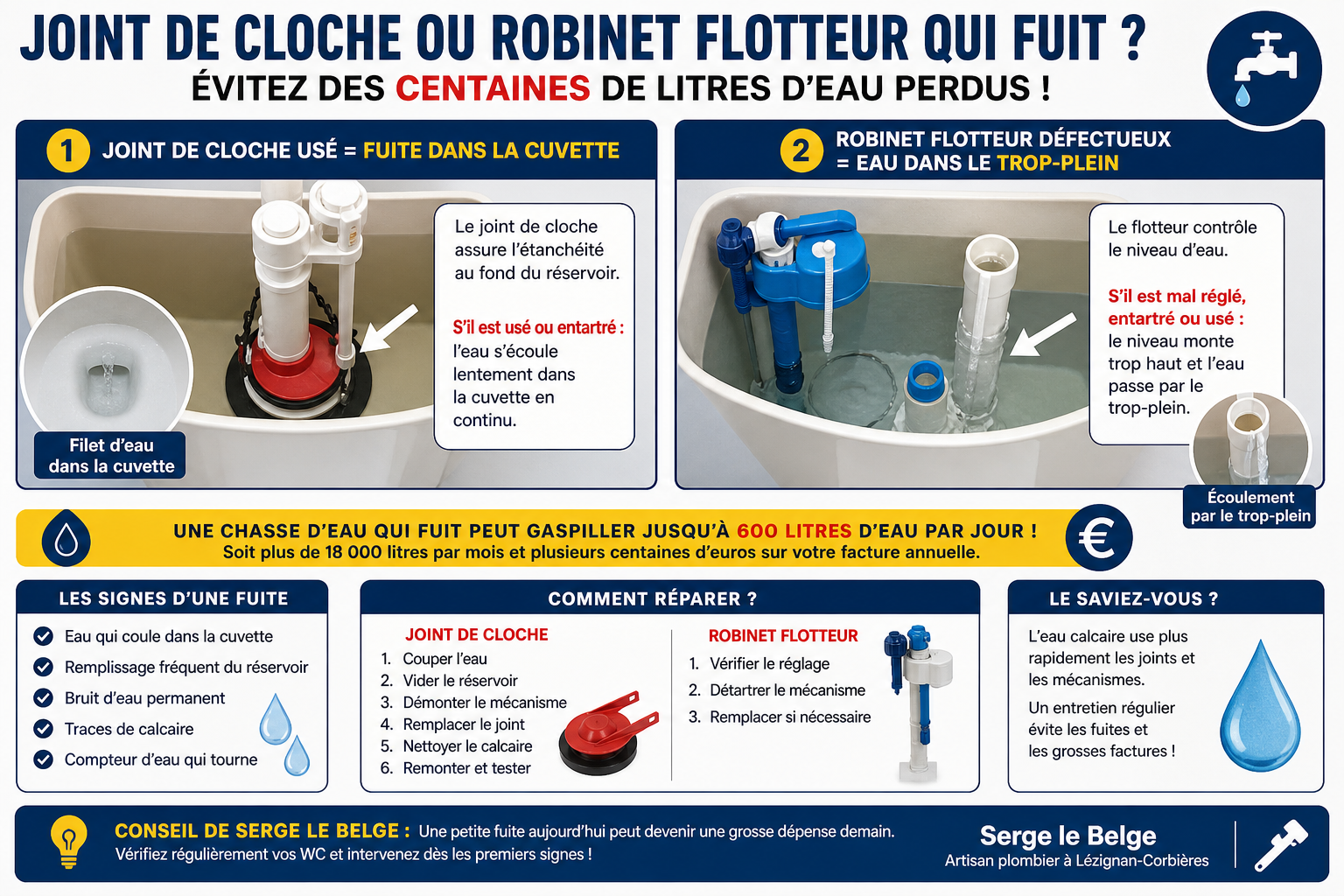Chasse d’eau qui fuit : joint de cloche ou flotteur défectueux = grosse surconsommation d’eau