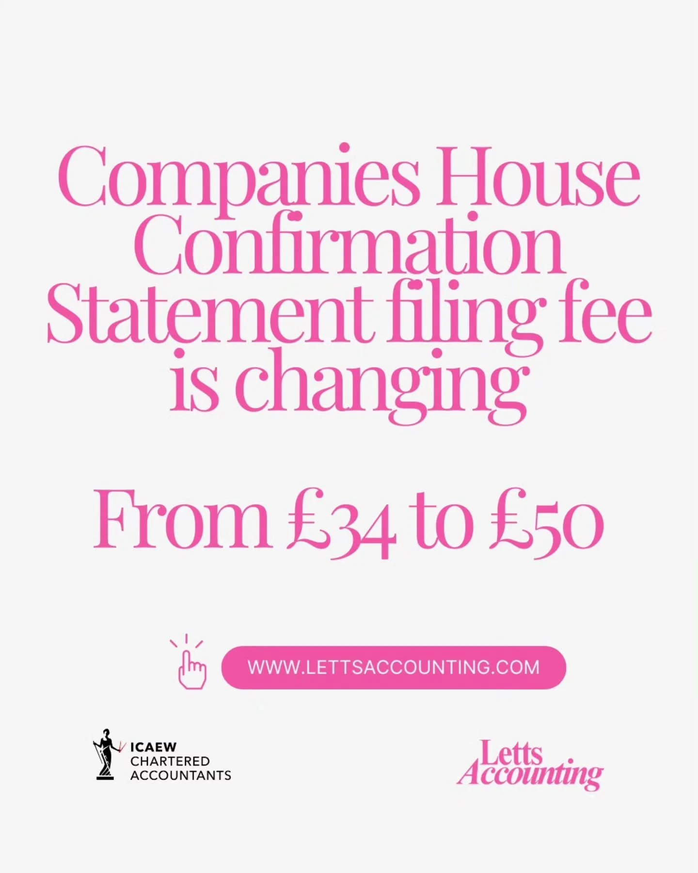 Heads up, company owners

The Companies House Confirmation Statement fee is rising from &pound;34 to &pound;50.

#UKDirectors #LimitedCompany #BusinessSupport #AccountantsUK