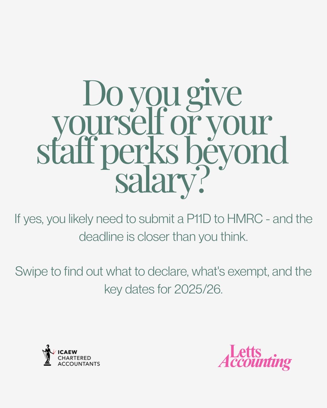 Is your P11D sorted? 

The deadline to file your P11D for the 2025/26 tax year is 6 July 2026 - and if you employ staff or pay yourself benefits beyond salary, you need to act now.

In this carousel we've covered:

- What counts as a benefit in kind

