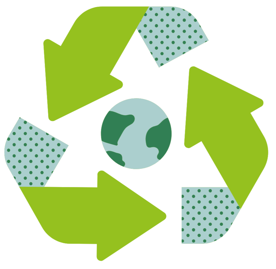 Illustration of the Earth at the center surrounded by a recycling symbol made of three green arrows with alternating patterns, representing recycling and environmental sustainability.