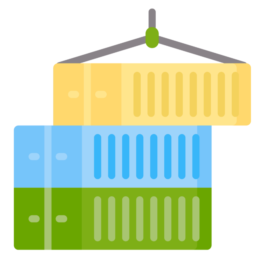 Stack of shipping containers in yellow, blue, green, and pink.