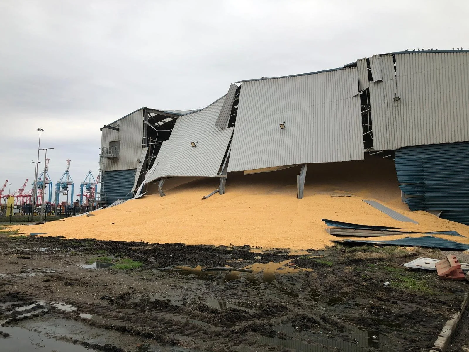 A large, damaged, metal-clad warehouse building that has collapsed, with parts of the stored grains scattered onto the floor. The sky is overcast, and water is pooled in the muddy foreground.
