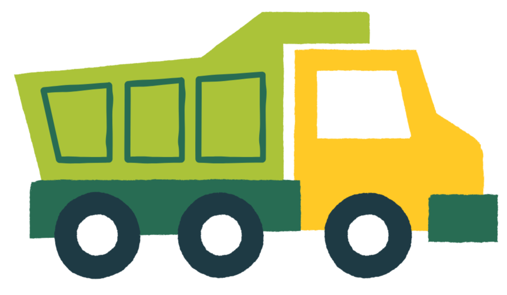 Illustration of a dump truck with a yellow cab, green bed, and black wheels.