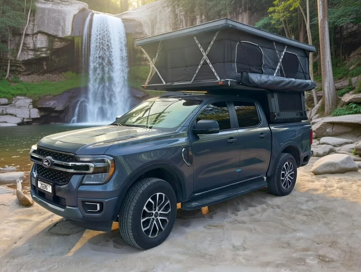 A dark gray pickup truck with a rooftop tent parked on a sandy area by a waterfall and a river.
