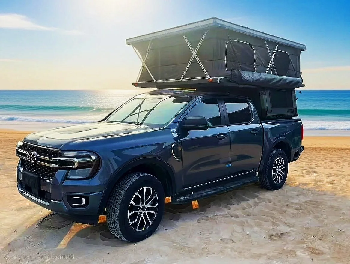 Blue pickup truck parked on a sandy beach with a rooftop tent and attached cargo storage, overlooking the ocean during sunset.
