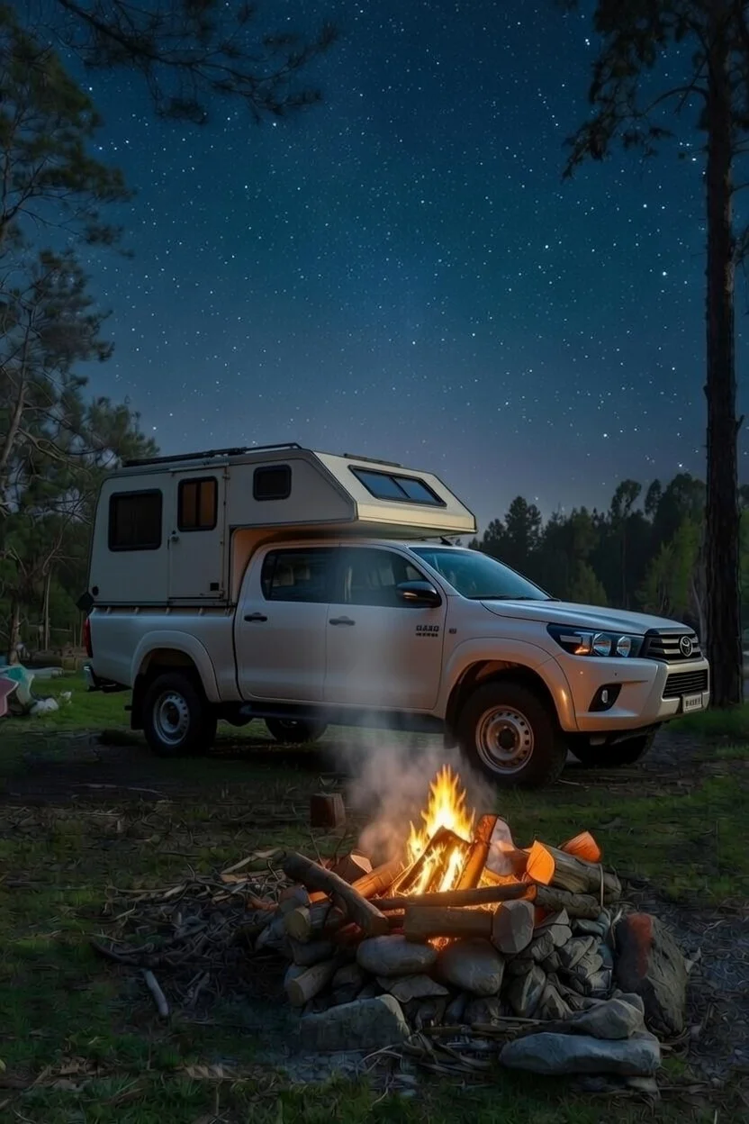 A nighttime scene showing a camper truck parked in a forested area with a campfire burning in front of it and a starry sky overhead.