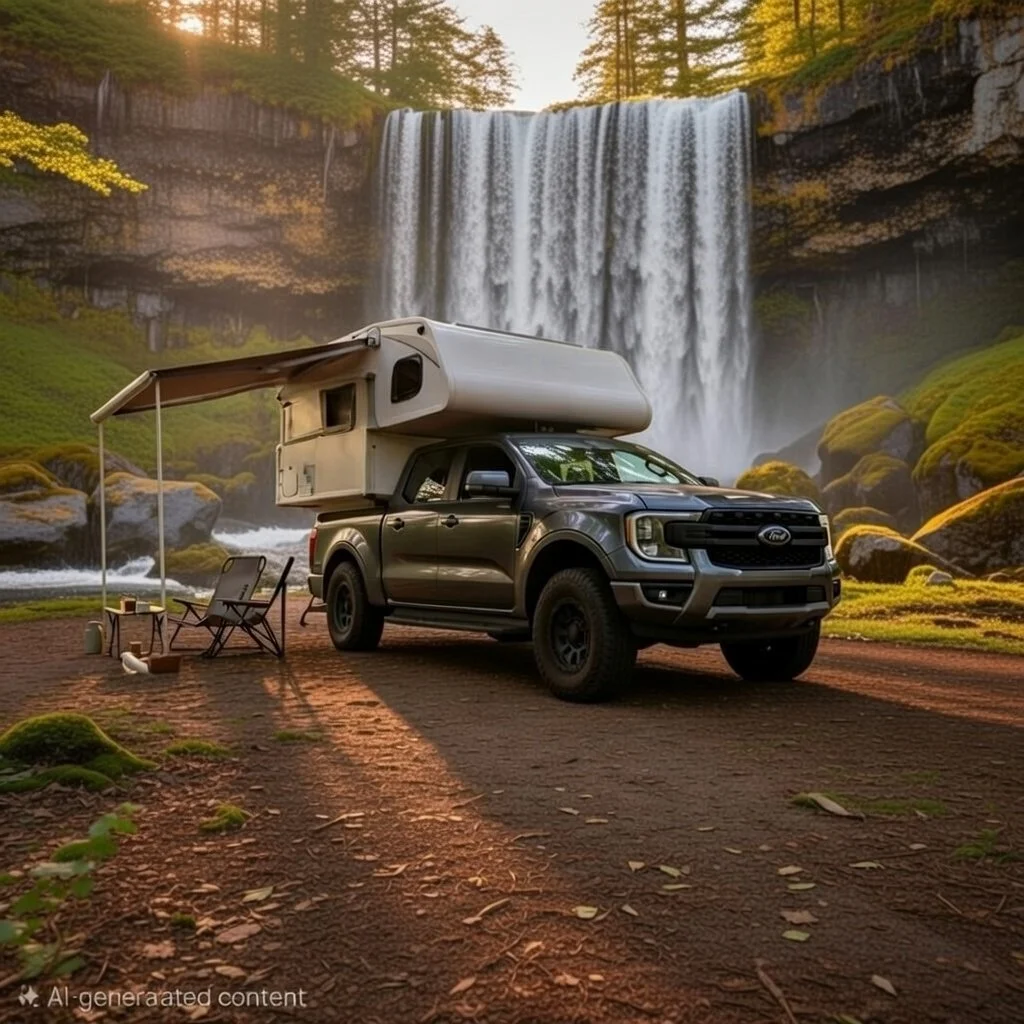 A black pickup truck with a camper attachment parked in front of a large waterfall in a forest, with outdoor camping chairs, table, and awning setup nearby.
