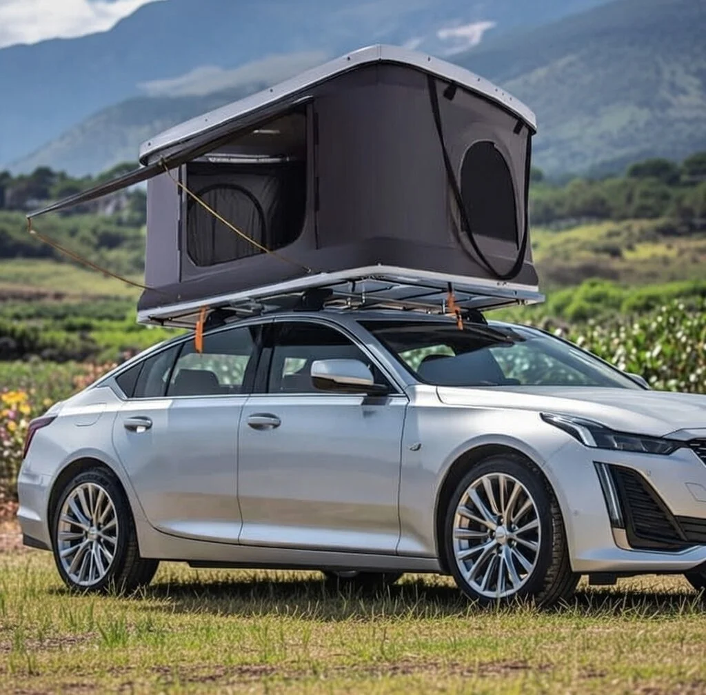 A silver sedan car with a rooftop camping tent set up on top, situated in an outdoor grassy area with mountains and cloudy sky in the background.