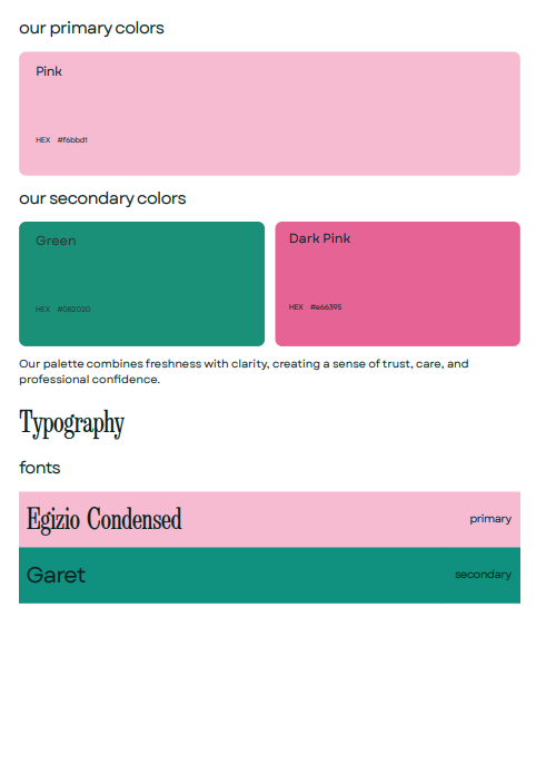 A color palette with primary colors pink and dark pink, and secondary colors green and dark pink. Includes a section on typography with primary font 'Eigizio Condensed' in pink and secondary font 'Garet' in green.