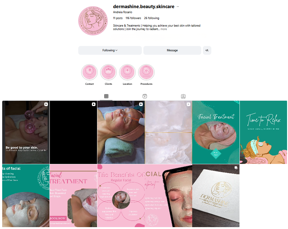 Instagram profile page for dermashine.beauty.skincare featuring posts about skincare treatments, facial procedures, and relaxation services with images of facial therapy, skincare products, and relaxing scenes.