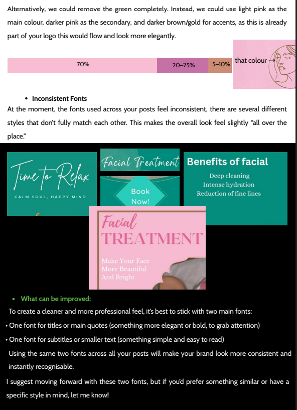 Various graphics and texts about facial treatments, including a color palette, promotional banners for facial services, and tips for improving branding consistency.