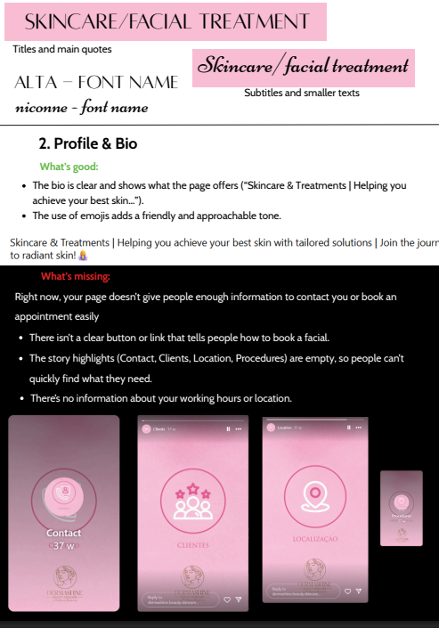 A digital guide about skincare and facial treatments outlining what is good and missing for a business page, including screenshots of a mobile app interface with icons for contact, clients, location, and procedures, all on pink-themed backgrounds.