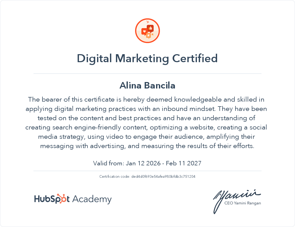 Certificate for Digital Marketing Certified awarded to Alina Bancila by HubSpot Academy, signed by CEO Yamini Rangan.
