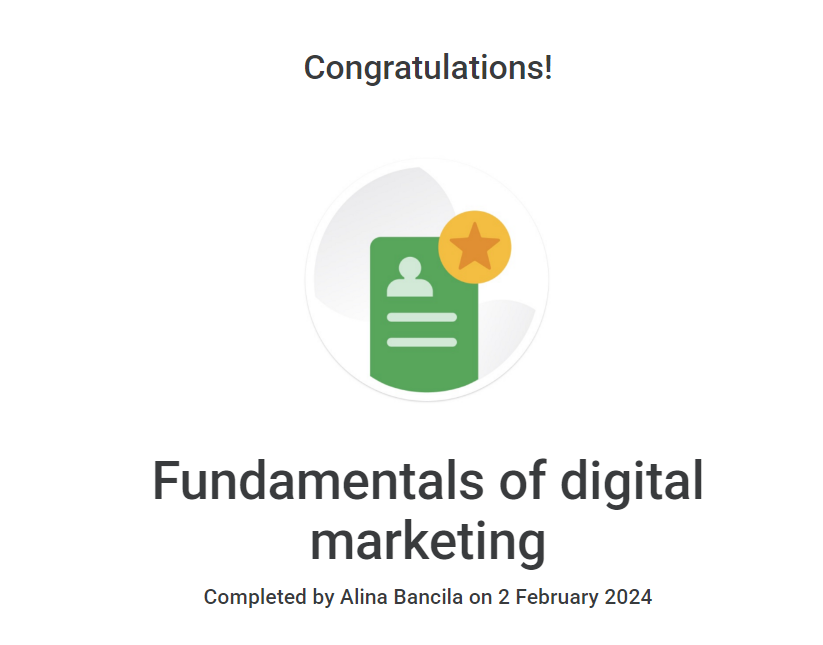 Digital badge certificate for Fundamentals of Digital Marketing course completed by Alina Bancila on February 2, 2024.