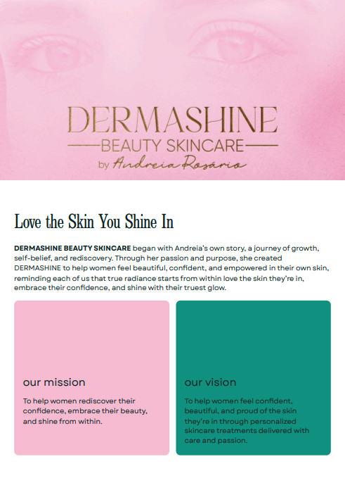 Page from Dermashine Beauty Skincare with a pink background, featuring a faded face at the top, and text about skincare mission and vision.