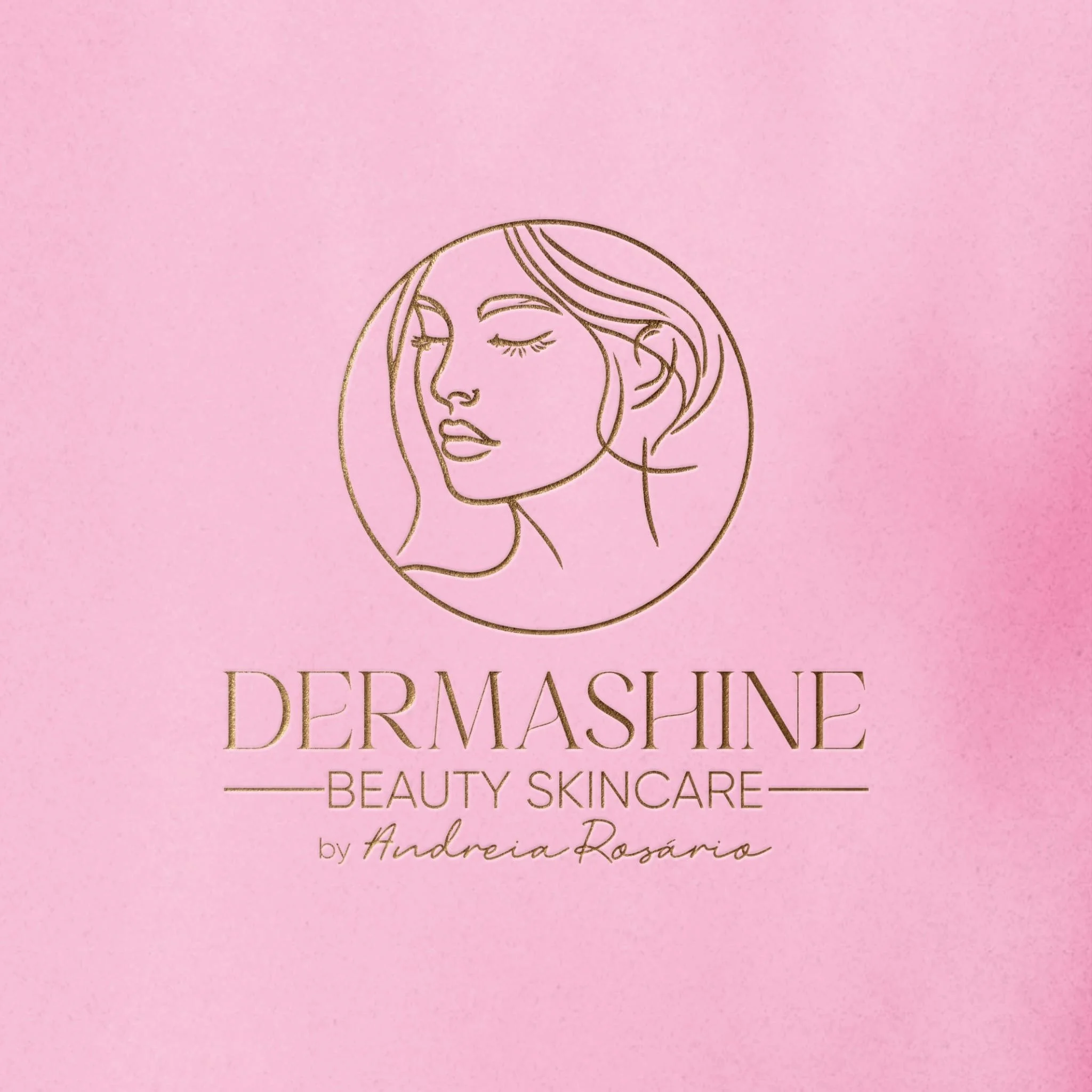 Pink background with a gold line drawing of a woman's face in profile, labeled as Dermashine Beauty Skincare by Andreia Rosário.