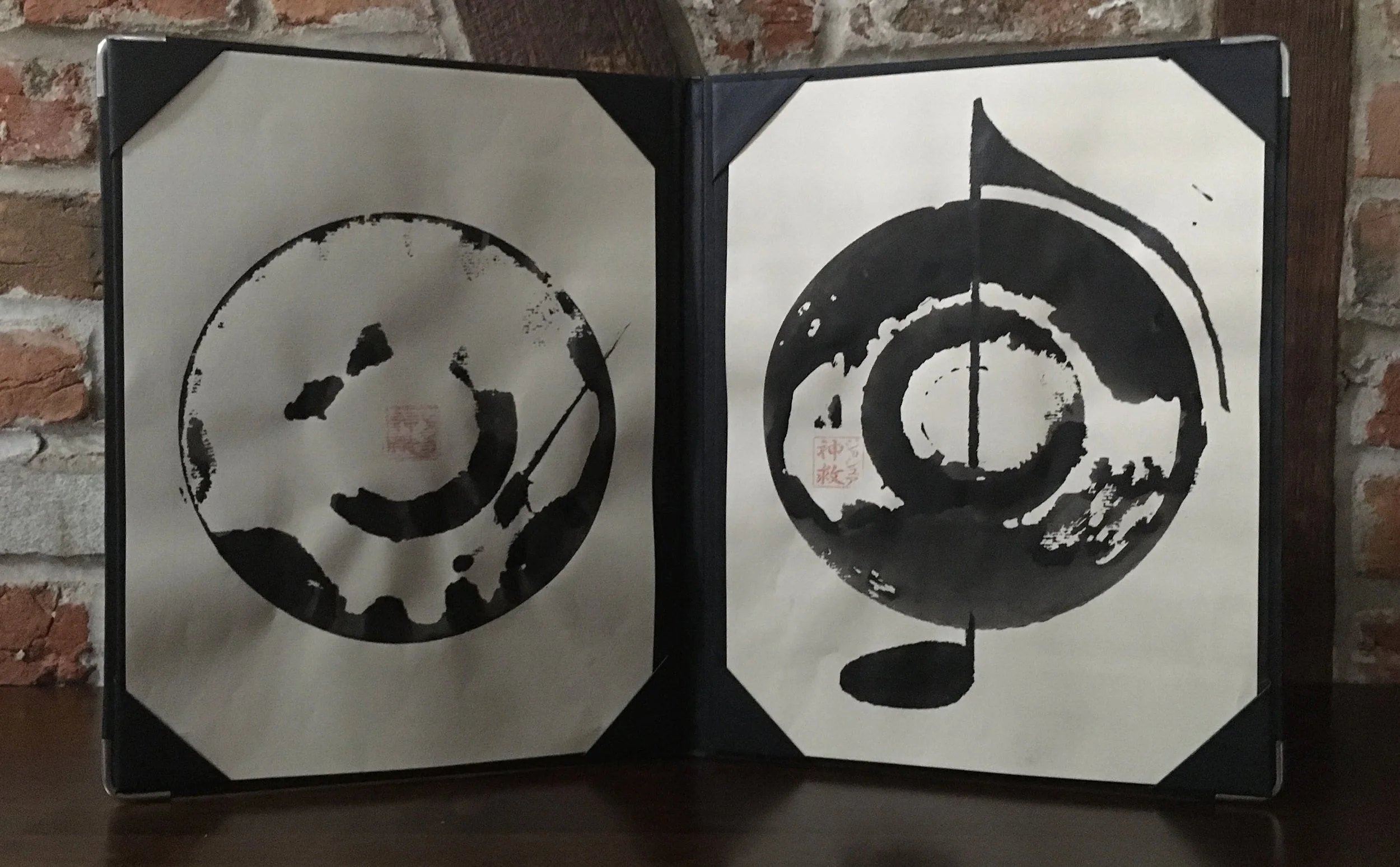 45 Double Vinyl Record Painting — Black Ink Painting in Menu-Folder Display on Paper