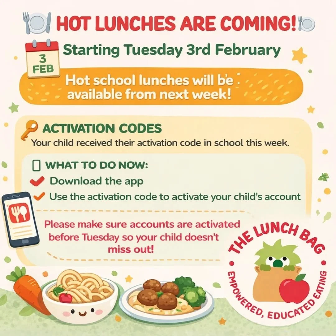 It is full steam ahead as we prepare for the rollout of the Hot Meals Programme on Tuesday.
 
The majority of families have now activated their accounts and will be able to order specific meals for their children. If you do not make any changes to yo
