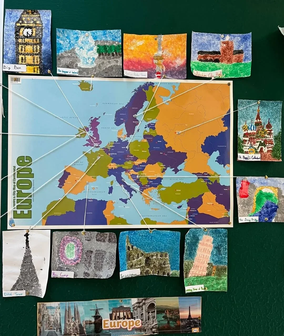 6th Class were studying landmarks in Europe and the World. They painted the landmark and located it on the map 🗺️