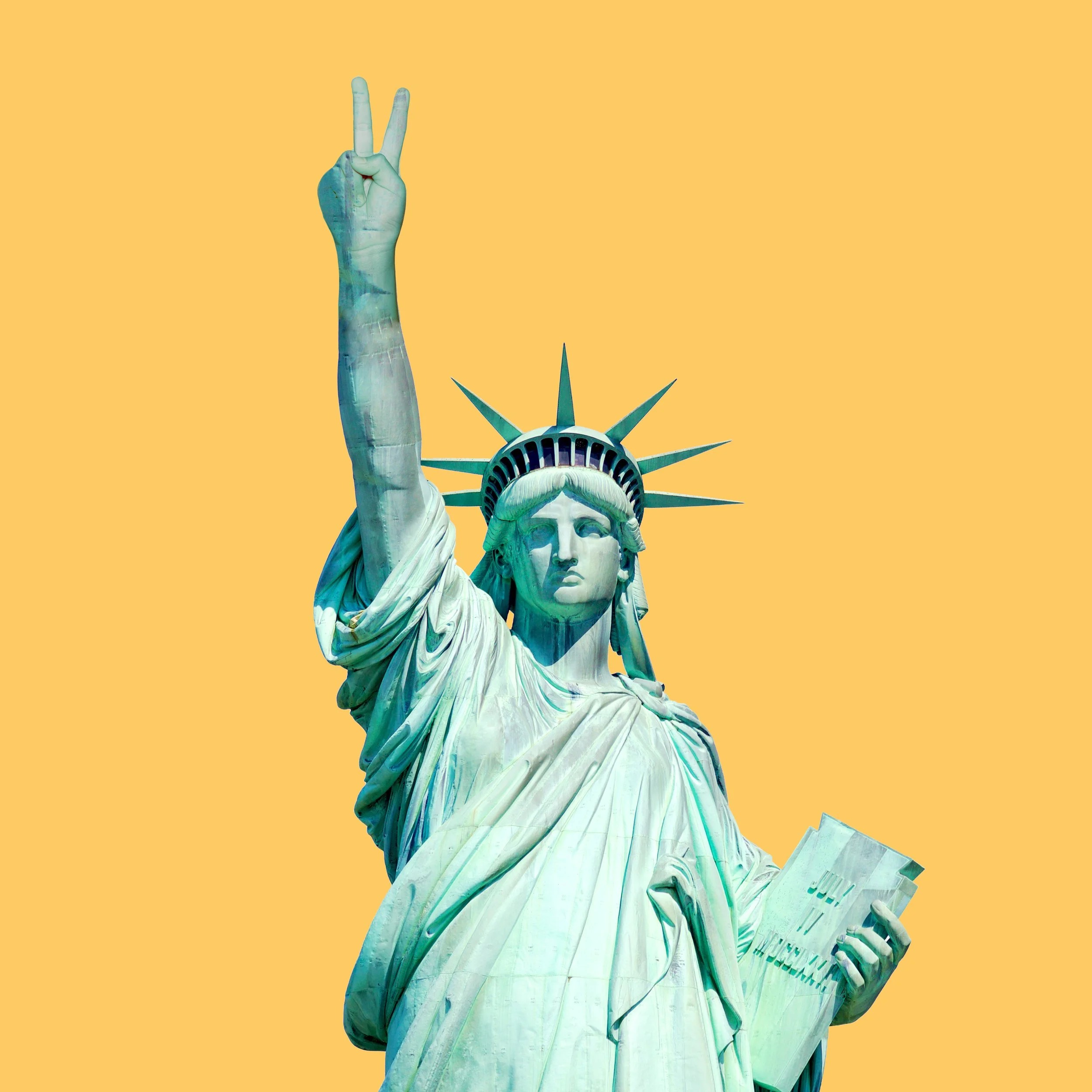Close-up of the Statue of Liberty against a yellow background, showing her face, crown, and raised right arm holding a tablet, with her left arm slightly visible.
