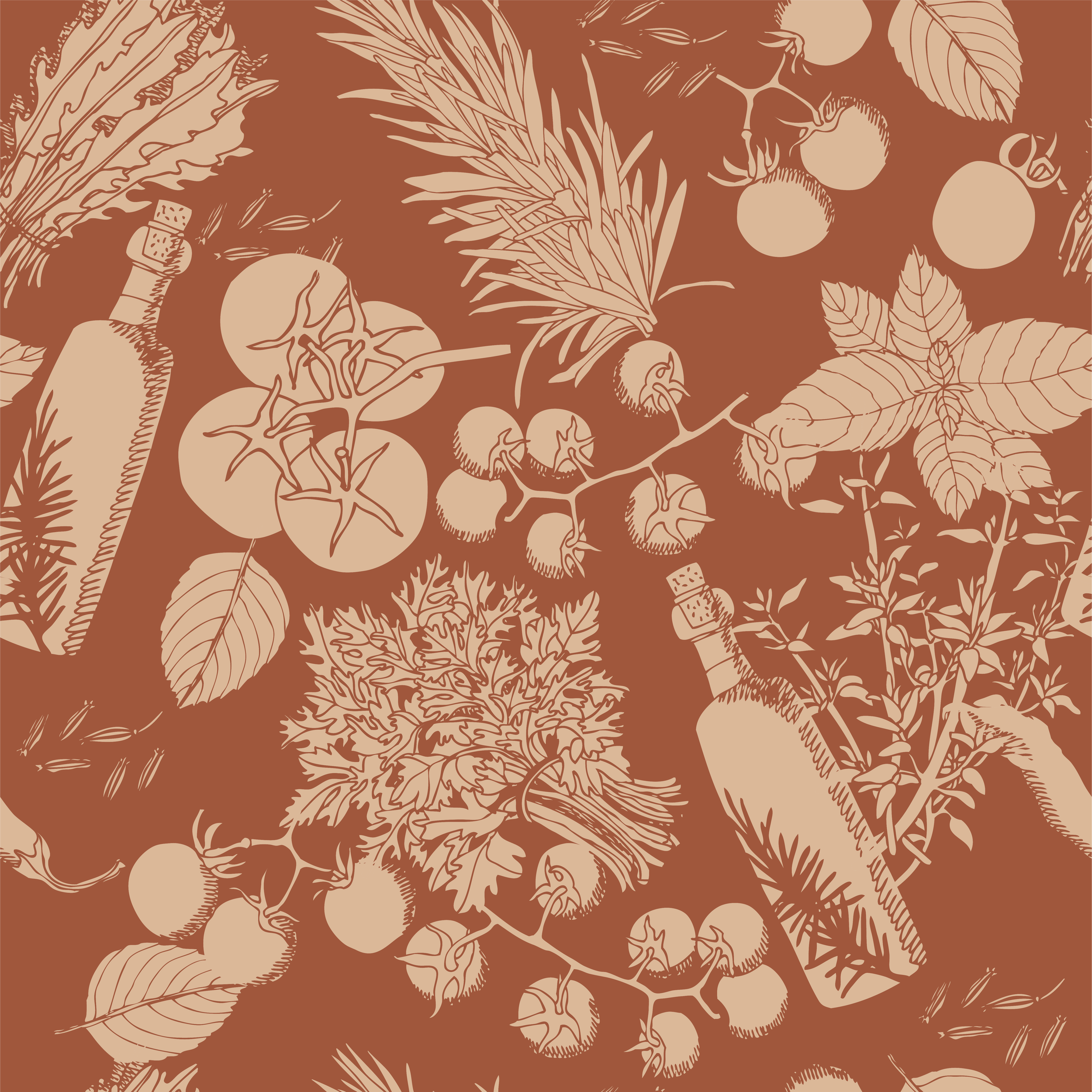 A seamless pattern with illustrated bottles, tomatoes, and assorted herbs on a brown background.