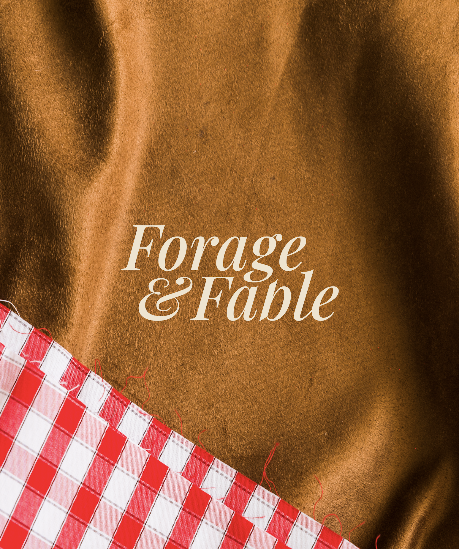 Close-up of a patterned fabric with the words "Forage & Fable" written on a satin background.