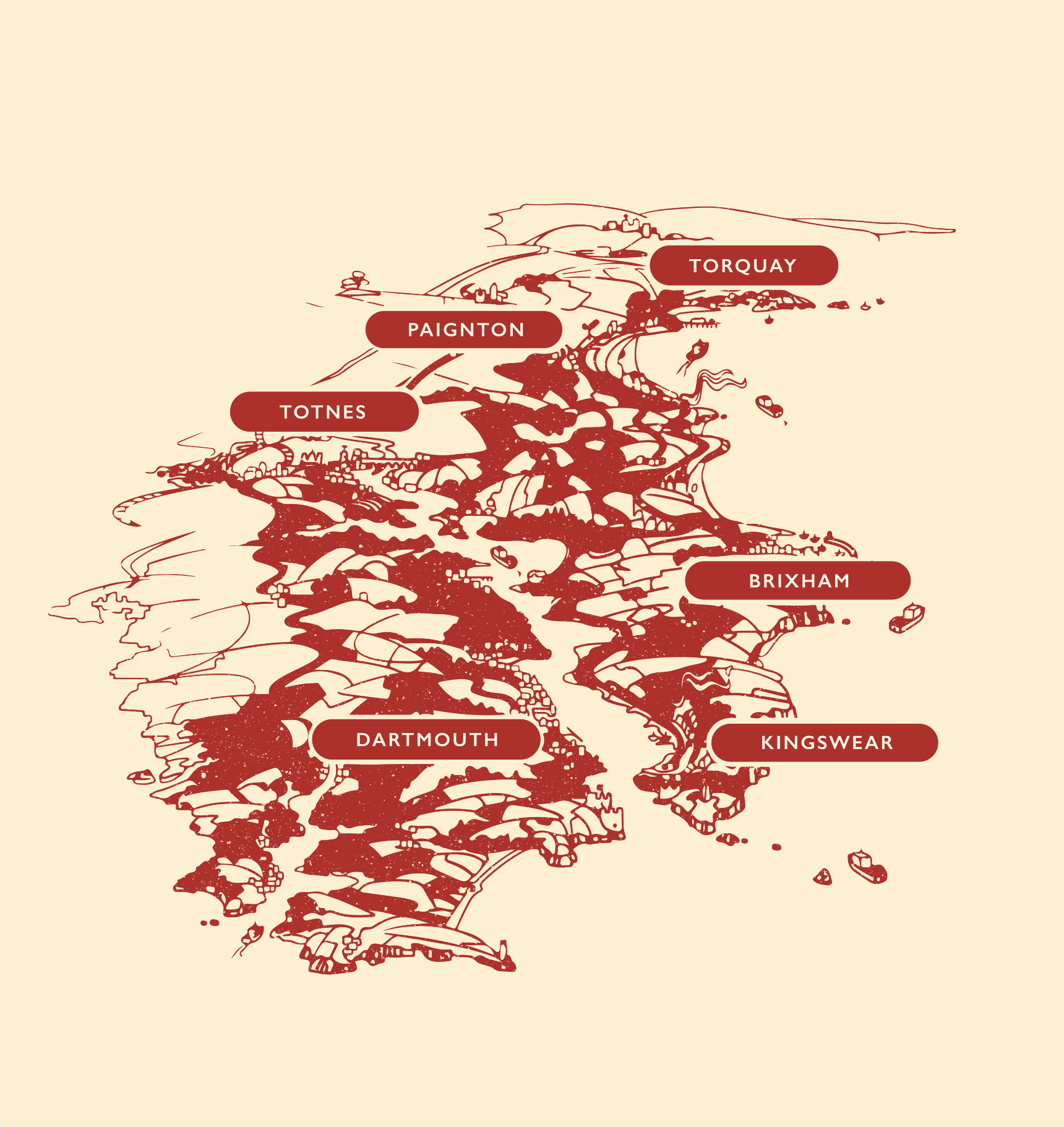 A stylized map of the Isle of Wight showing locations including Torquay, Paignton, Totnes, Brixham, Dartmouth, and Kingswear, all highlighted with red labels and lines.