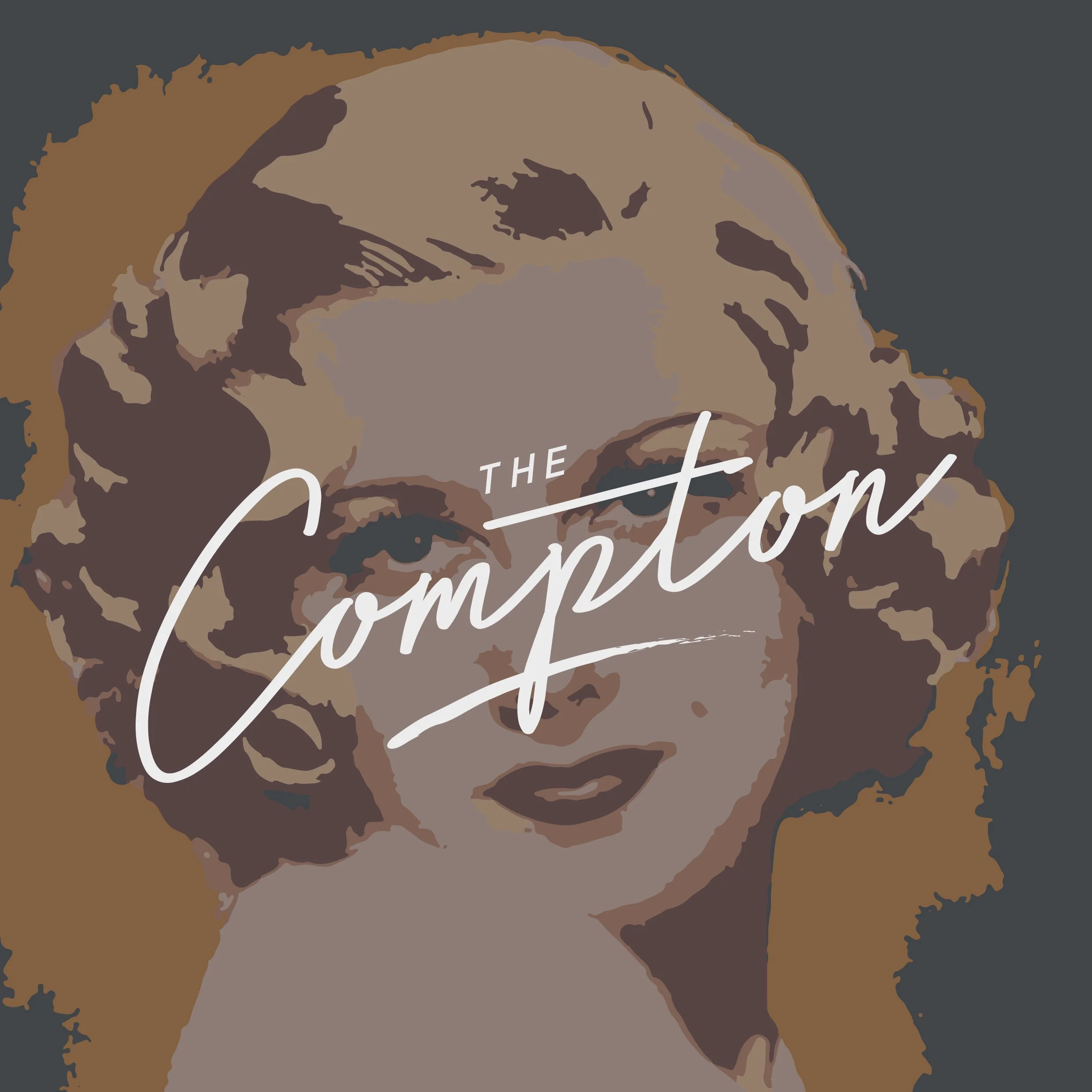 Stylized illustration of a woman with blonde hair, glasses, and lipstick, with the text 'The Compton' overlayed.