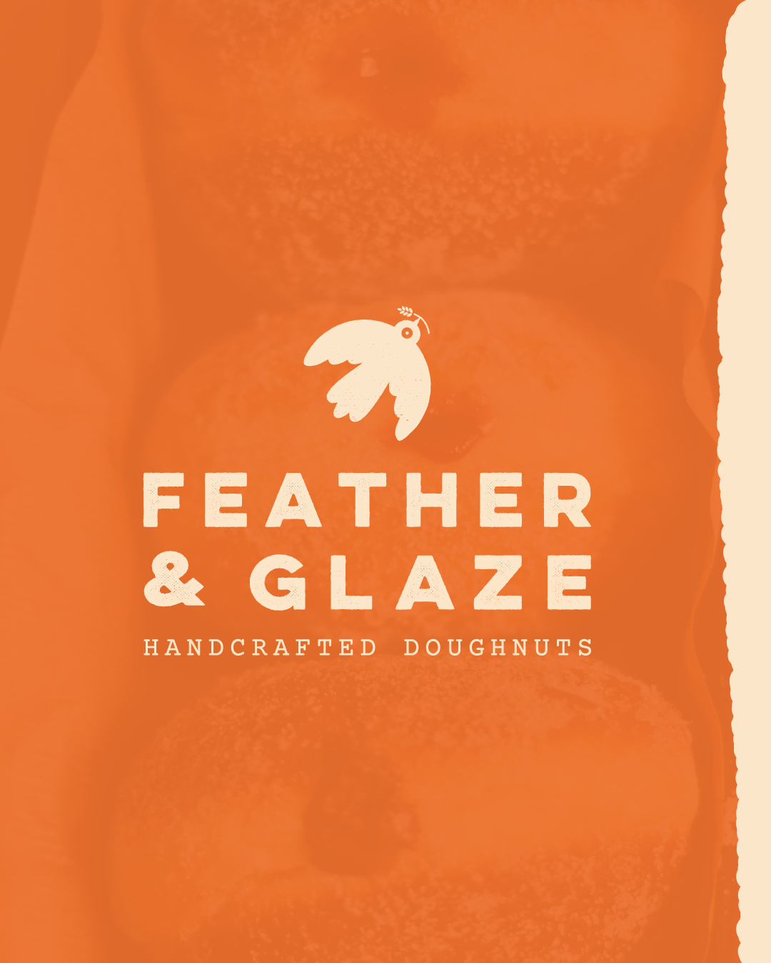 Orange-colored packaging for Feather & Glaze handcrafted doughnuts with a white bird logo holding a small branch.