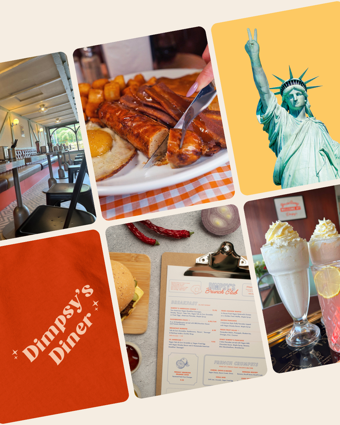 Collage of images from a diner, including an empty booth, breakfast plate with eggs and bacon, Statue of Liberty, breakfast menu, milkshakes, and a burger.