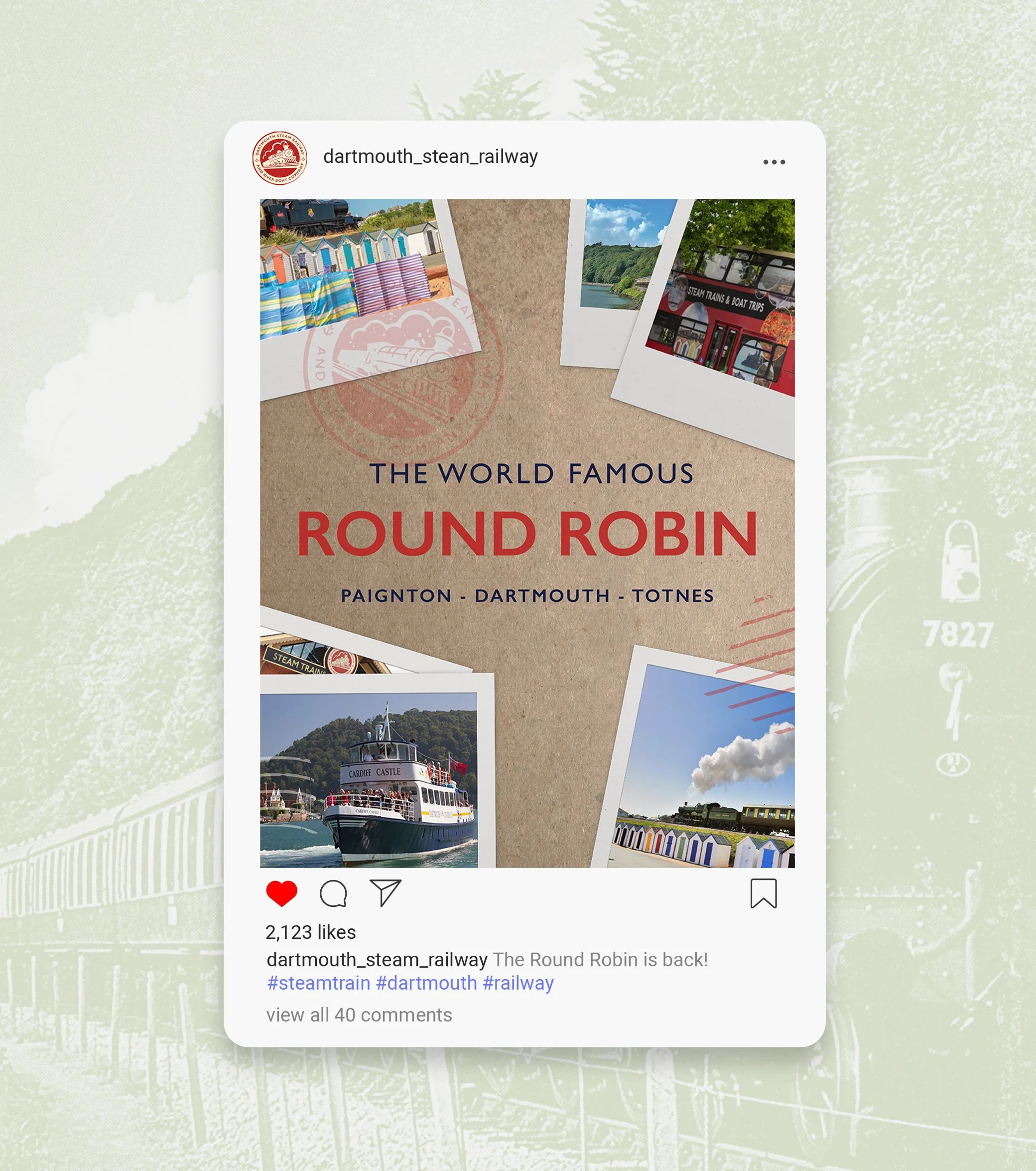 Instagram post promoting the return of the Round Robin steam train service, featuring photos of beaches, a boat, a train, and scenic landscapes near Dartmouth, Totnes, and Paignton.